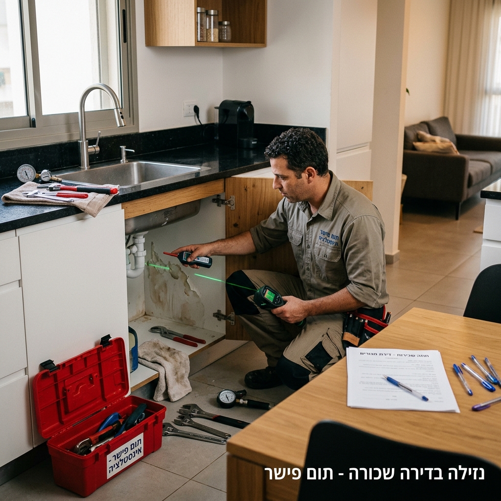 נזילה בדירה שכורה - אינסטלטור בוחן רטיבות בסביבת חוזה שכירות